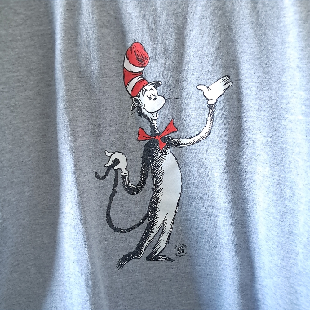 Vintage Dr. Seuss Cat in the Hat Graphic T Shirt Ringer Cotton Blend Grey Medium - Picture 4 of 7